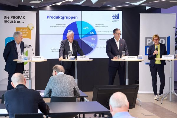 v.l.n.r: Martin WIDERMANN (Geschäftsführer PROPAK), Georg Dieter FISCHER (Obmann PROPAK), Marko Bill SCHUSTER (Mondi Functional Paper und Films), Susanne Wegscheider (com_unit, Moderation) © com_unit/APA/Schedl